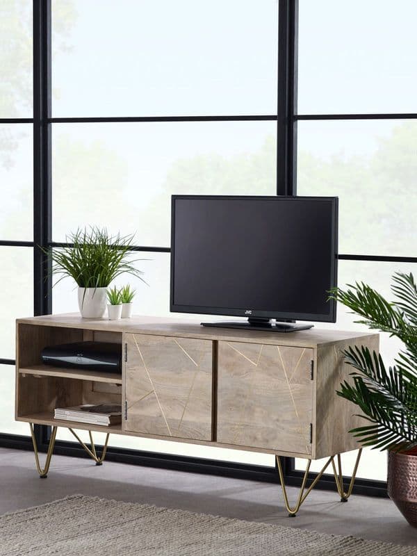 Brecon Light Mango Wood Wide Screen TV Unit | Large wide TV unit with two door metal inlaid cupboard and and two open shelves.